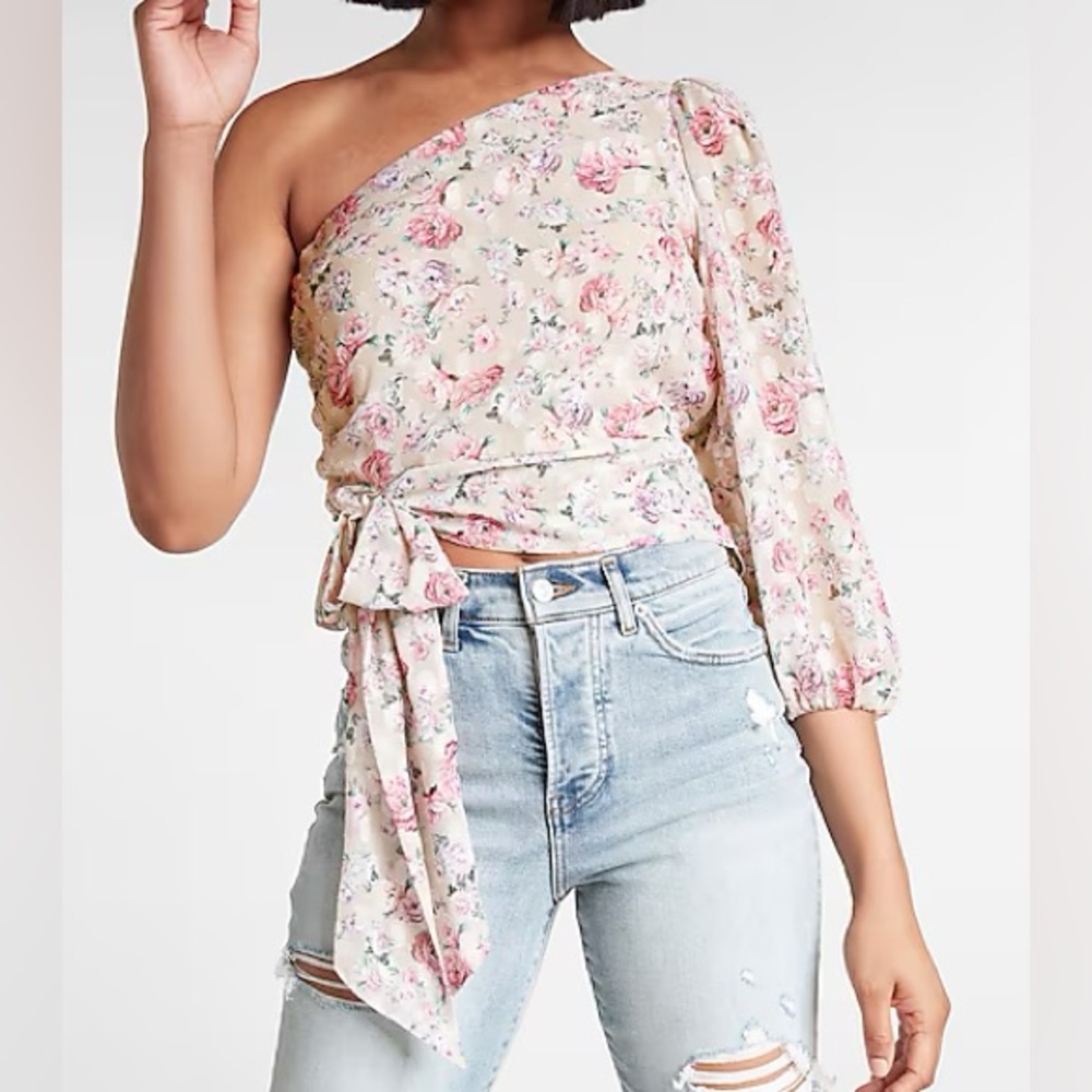 EXPRESS Floral One Shoulder Puff Sleeve Tie Waist Top XS